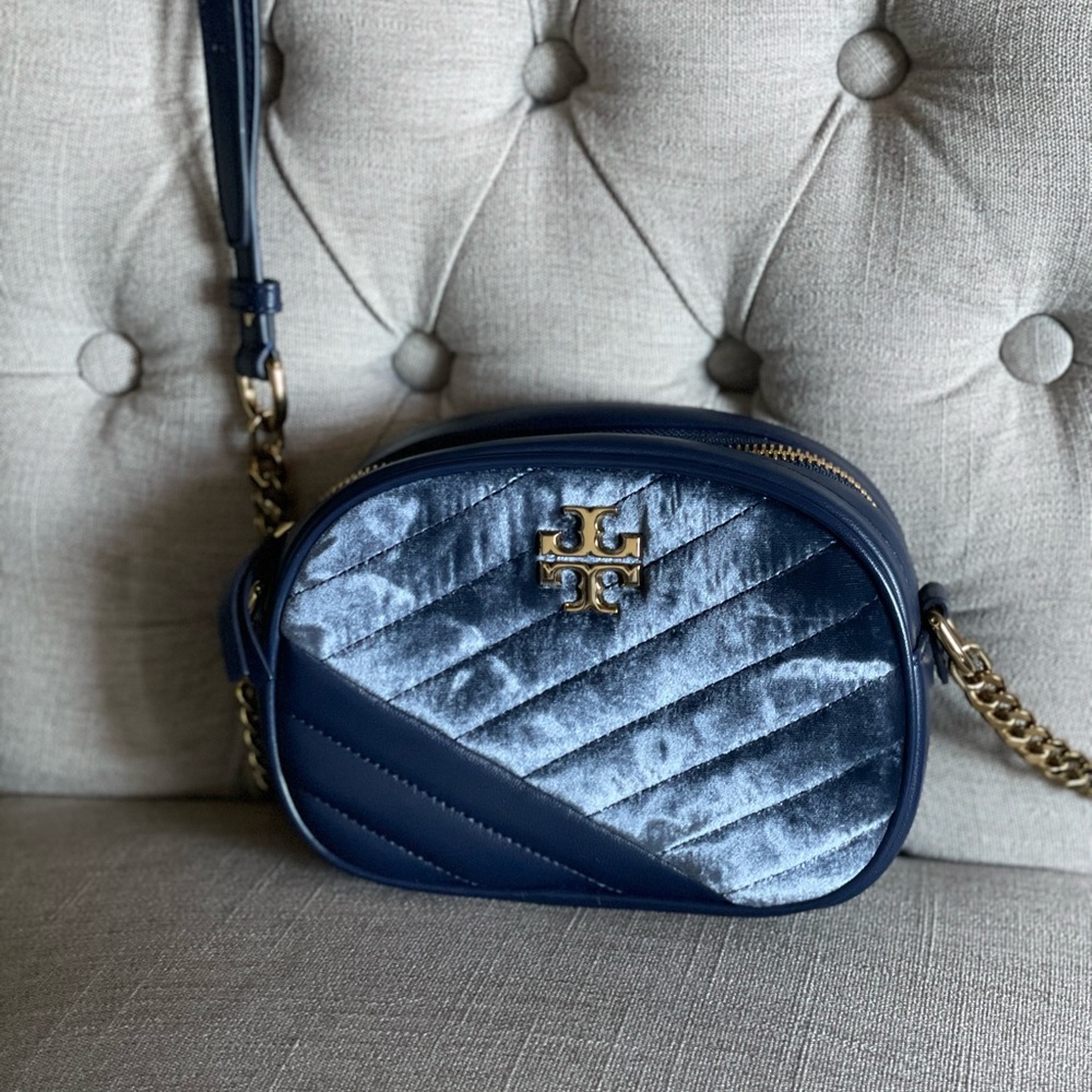 Tory Burch Harbor Blue Velvet Kira Chevron Camera Bag